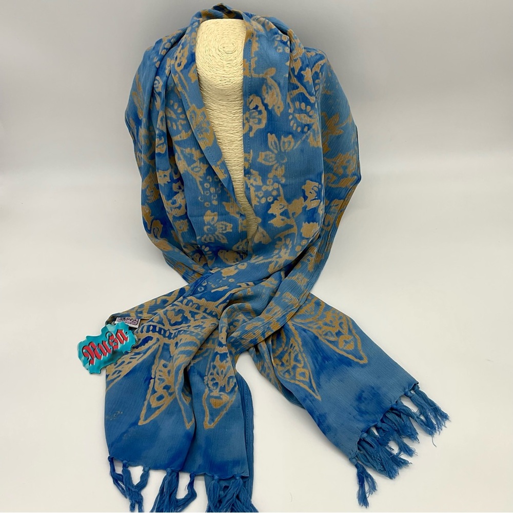 NWT Musa Blue and Gold Fringe Scarf